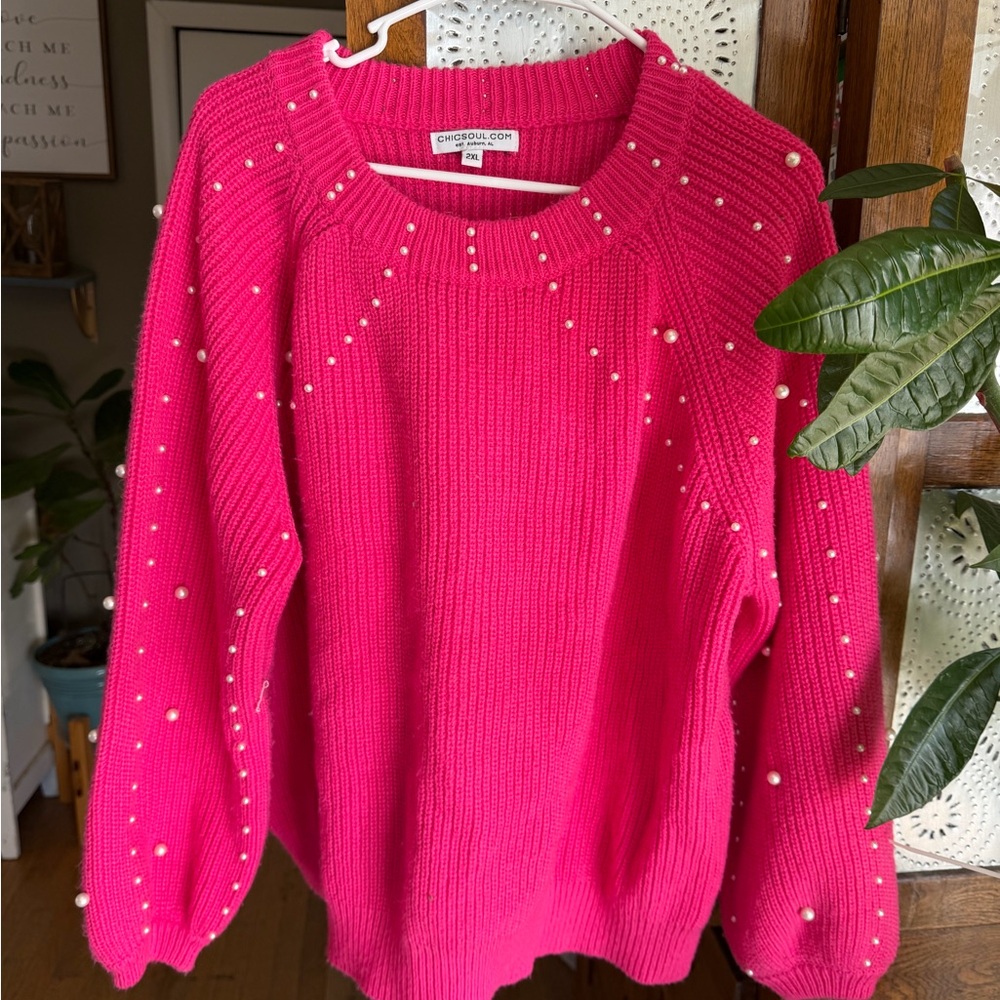 Chic Soul Bright Pink Sweater with Pearl Accents